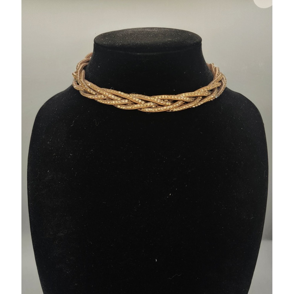 Fashion Braided Choker Necklace Adjustable Rhinestone Leather Brown Sparkle